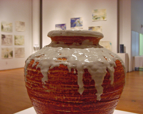 Mizuno, Red Shino White Kesho Vase, 2000, 14 x 12.5 x 7.5"